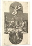 Three Muses and a Putto with Cymbals, a cruciform composition, from a series of eight com…, 1560s by Giorgio Ghisi