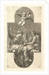 Three Muses and a Putto with Cymbals, a cruciform composition, from a series of eight com…, 1560s by Giorgio Ghisi