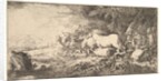 Entry of the animals into Noah's ark, three men follow quadrupeds and birds stridin…, ca. 1650-55 by Giovanni Benedetto Castiglione