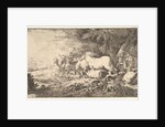 Entry of the animals into Noah's ark, three men follow quadrupeds and birds stridin…, ca. 1650-55 by Giovanni Benedetto Castiglione