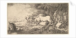 Entry of the animals into Noah's ark, three men follow quadrupeds and birds stridin…, ca. 1650-55 by Giovanni Benedetto Castiglione