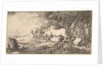 Entry of the animals into Noah's ark, three men follow quadrupeds and birds stridin…, ca. 1650-55 by Giovanni Benedetto Castiglione