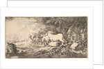 Entry of the animals into Noah's ark, three men follow quadrupeds and birds stridin…, ca. 1650-55 by Giovanni Benedetto Castiglione