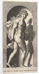 Plate 8: Prosperpina, standing in a niche, turning to the right while holding mantle in bo…, 1526 by Giovanni Jacopo Caraglio