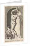 Plate 17: Bacchus standing in a niche, holding grapes over a plate, accompanied by an infa…, 1526 by Giovanni Jacopo Caraglio