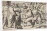 Two satyrs leading Silenus to King Midas, who stands at left with two male attendan…, ca. 1550-80 by Giulio Bonasone
