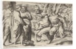 Two satyrs leading Silenus to King Midas, who stands at left with two male attendan…, ca. 1550-80 by Giulio Bonasone