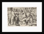Two satyrs leading Silenus to King Midas, who stands at left with two male attendan…, ca. 1550-80 by Giulio Bonasone