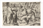 Two satyrs leading Silenus to King Midas, who stands at left with two male attendan…, ca. 1550-80 by Giulio Bonasone