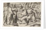 Two satyrs leading Silenus to King Midas, who stands at left with two male attendan…, ca. 1550-80 by Giulio Bonasone