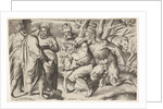 Two satyrs leading Silenus to King Midas, who stands at left with two male attendan…, ca. 1550-80 by Giulio Bonasone