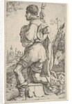 Saint Roch, kneeling on a stone, seen from the side with his dog behind him and a towns…, 1620-30 by Giuseppe Caletti