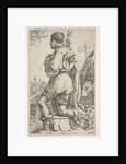 Saint Roch, kneeling on a stone, seen from the side with his dog behind him and a towns…, 1620-30 by Giuseppe Caletti