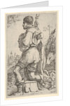 Saint Roch, kneeling on a stone, seen from the side with his dog behind him and a towns…, 1620-30 by Giuseppe Caletti