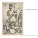 Saint Roch, kneeling on a stone, seen from the side with his dog behind him and a towns…, 1620-30 by Giuseppe Caletti