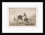 Plate 24 of the 'Tauromaquia': The same Ceballos mounted on another bull breaks short spea…, 1816 by Francisco Goya
