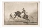 Plate 24 of the 'Tauromaquia': The same Ceballos mounted on another bull breaks short spea…, 1816 by Francisco Goya