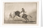 Plate 24 of the 'Tauromaquia': The same Ceballos mounted on another bull breaks short spea…, 1816 by Francisco Goya