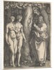 God at right forbidding the nude Adam and Eve at left to eat from the tree of knowledge in…, 1540 by Heinrich Aldegrever