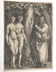 God at right forbidding the nude Adam and Eve at left to eat from the tree of knowledge in…, 1540 by Heinrich Aldegrever