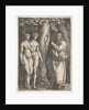 God at right forbidding the nude Adam and Eve at left to eat from the tree of knowledge in…, 1540 by Heinrich Aldegrever