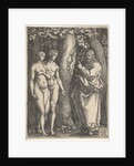 God at right forbidding the nude Adam and Eve at left to eat from the tree of knowledge in…, 1540 by Heinrich Aldegrever