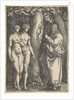 God at right forbidding the nude Adam and Eve at left to eat from the tree of knowledge in…, 1540 by Heinrich Aldegrever