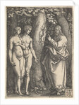 God at right forbidding the nude Adam and Eve at left to eat from the tree of knowledge in…, 1540 by Heinrich Aldegrever