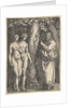 God at right forbidding the nude Adam and Eve at left to eat from the tree of knowledge in…, 1540 by Heinrich Aldegrever