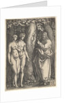 God at right forbidding the nude Adam and Eve at left to eat from the tree of knowledge in…, 1540 by Heinrich Aldegrever