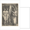 God at right forbidding the nude Adam and Eve at left to eat from the tree of knowledge in…, 1540 by Heinrich Aldegrever