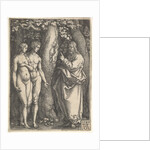 God at right forbidding the nude Adam and Eve at left to eat from the tree of knowledge in…, 1540 by Heinrich Aldegrever