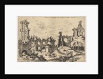 View of ruins on the Palatine Hill with trabeated facade at left and arcades at center, fr…, 1550 by Hieronymus Cock