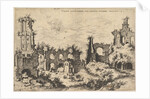 View of ruins on the Palatine Hill with trabeated facade at left and arcades at center, fr…, 1550 by Hieronymus Cock