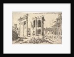 View of unidentified ruins with trabeated facade at left, arcades at center, and arch at r…, 1551 by Hieronymus Cock