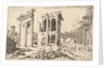 View of unidentified ruins with trabeated facade at left, arcades at center, and arch at r…, 1551 by Hieronymus Cock