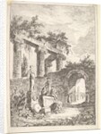 Plate 3: The Statue Before the Ruins: a statue to left next to three figures on a p…, ca. 1763-64 by Hubert Robert