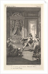 A man leans toward a woman standing in a doorway at right, at left a seated woman rais…, ca. 1784 by Claude Nicolas Malapeau