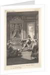 A man leans toward a woman standing in a doorway at right, at left a seated woman rais…, ca. 1784 by Claude Nicolas Malapeau