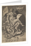 Fiducia, a seated woman holds a book and banner while turning her head away from a bare-br…, 1579 by Johann Sadeler I