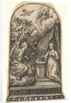 Annunciation, Mary kneels at a lectern as Gabriel approaches on a cloud from the …, ca. 1580-1600 by Johann Theodor de Bry