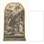 Annunciation, Mary kneels at a lectern as Gabriel approaches on a cloud from the …, ca. 1580-1600 by Johann Theodor de Bry