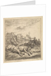 Two dogs sleeping on the ground; a plough, farm equipment, bunches of straw, and a …, ca. 1641-78 by Karel Du Jardin