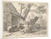 Four sheep, one sheep stands among three others lying on the ground next to a shed with th…, 1658 by Karel Du Jardin