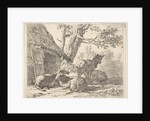 Four sheep, one sheep stands among three others lying on the ground next to a shed with th…, 1658 by Karel Du Jardin