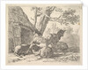 Four sheep, one sheep stands among three others lying on the ground next to a shed with th…, 1658 by Karel Du Jardin