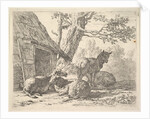 Four sheep, one sheep stands among three others lying on the ground next to a shed with th…, 1658 by Karel Du Jardin