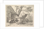Four sheep, one sheep stands among three others lying on the ground next to a shed with th…, 1658 by Karel Du Jardin