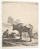 Cowherd with cow and calf on a hillside, the cowherd viewed from behind and seated in the …, 1658 by Karel Du Jardin