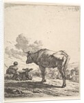 Cowherd with cow and calf on a hillside, the cowherd viewed from behind and seated in the …, 1658 by Karel Du Jardin